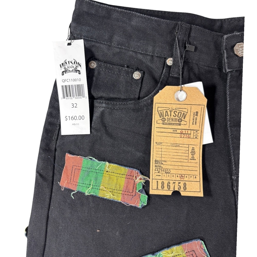 Watson Baggy Fit Jeans Mens 32 Black All Over Frayed Patchwork Denim Dark Wash - Picture 2 of 3